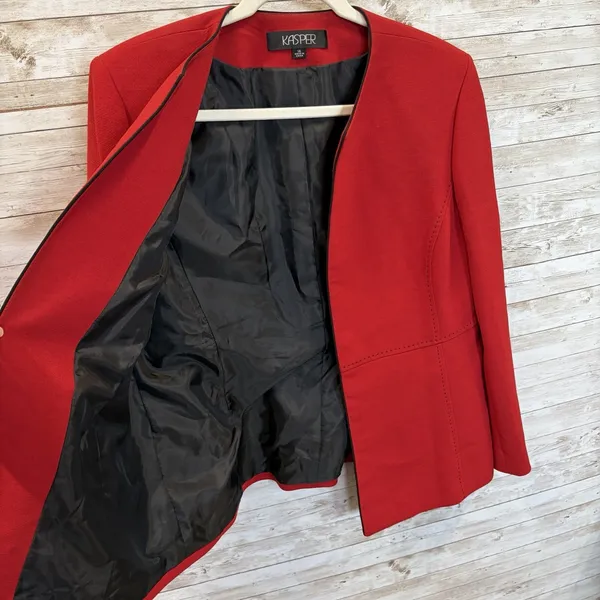 Kasper Womens 14 Blazer Red Longline Jacket Black Pick Stitch Collarless Career - Image 4