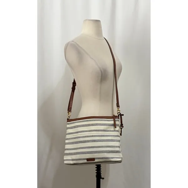 FOSSIL Fiona Blue WhiteStripe Large Crossbody Bag Purse Brown Faux Leather - Image 2