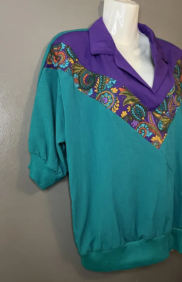 Vintage Season The Ticket Blouse Womens Large Jade Paisley Made USA 80s - Image 2