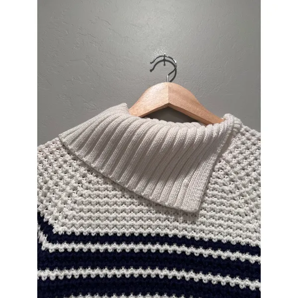 Lands End Navy Blue White Striped Knit‎ Sweater Tunic Size Small Cotton Collar - Image 5