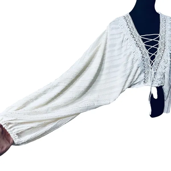 SheIn Boho Cream Lightweight Long Sleeve Top Lace Up Gauze With Crochet Trim Sz L - Image 7