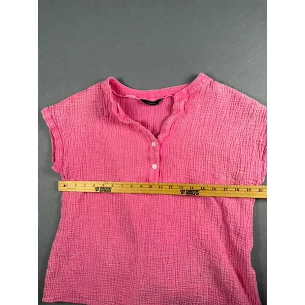 Dokotoo Womens Pink Cotton Gauze Henley Short Sleeve Crinkle Top Large L - Image 4