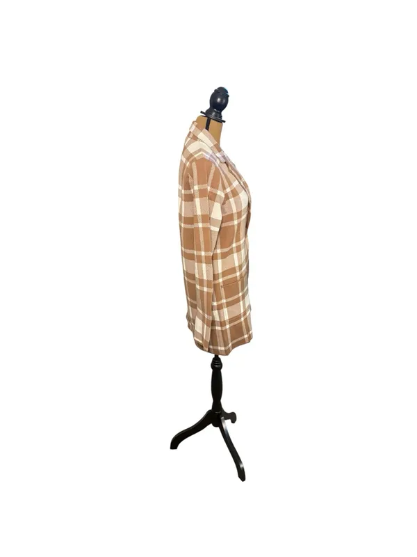 Christian Siriano Women L Plaid Knit Blazer Tan Cream Longline Preppy Office - Image 2
