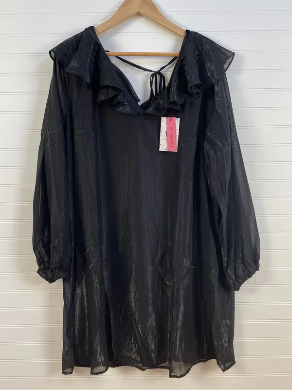 Andree by Unit Black Shimmer Ruffle V-Neck Mini Shift Dress Long Sleeve LBD 2X - Image 2