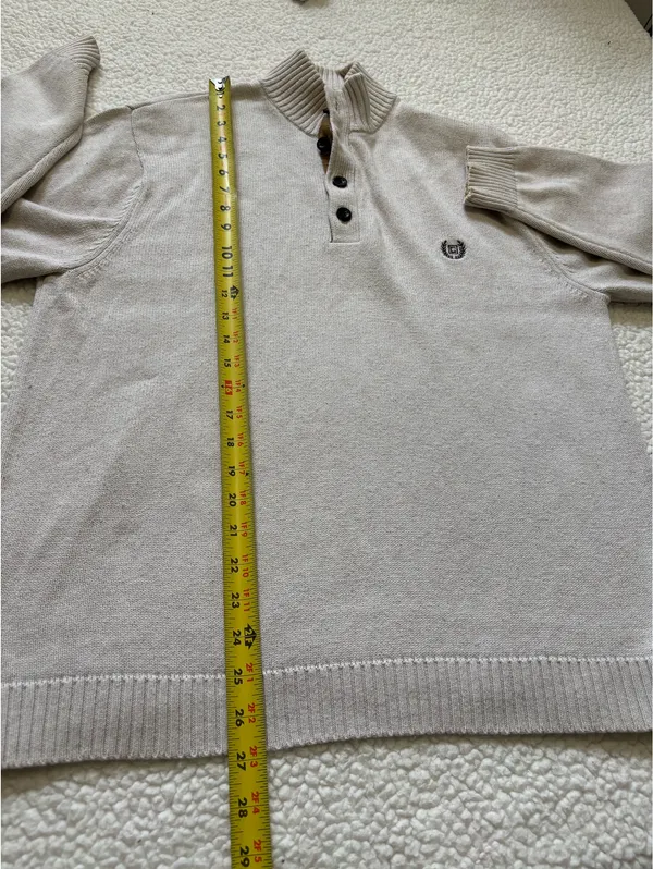 Chaps Ivory Mock Neck Henley Sweater Grandad Acadia Knit Suede Elbow Patch L - Image 6
