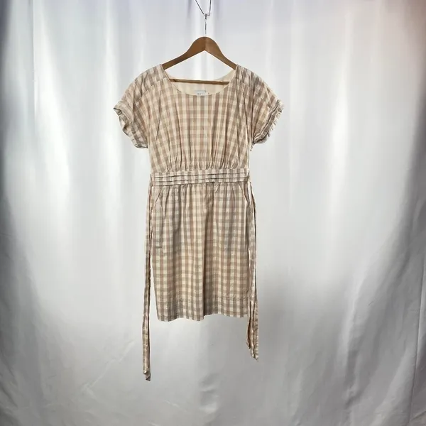 Anthropologie HD in Paris Gingham Print Short Sleeve‎ Belted Dress in Tan Size 4 - Image 3