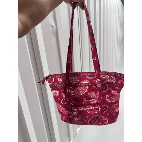 Vera Bradley Red Pink Paisley Quilted Cotton Zip Top Tote Shoulder Bag - Image 8