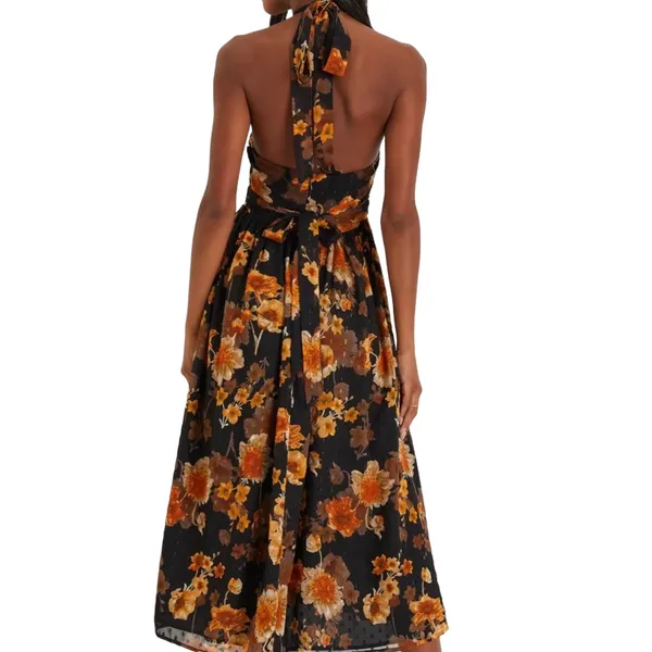 Lulus Charming Vision black floral Swiss dot Lurex halter midi dress - Image 2