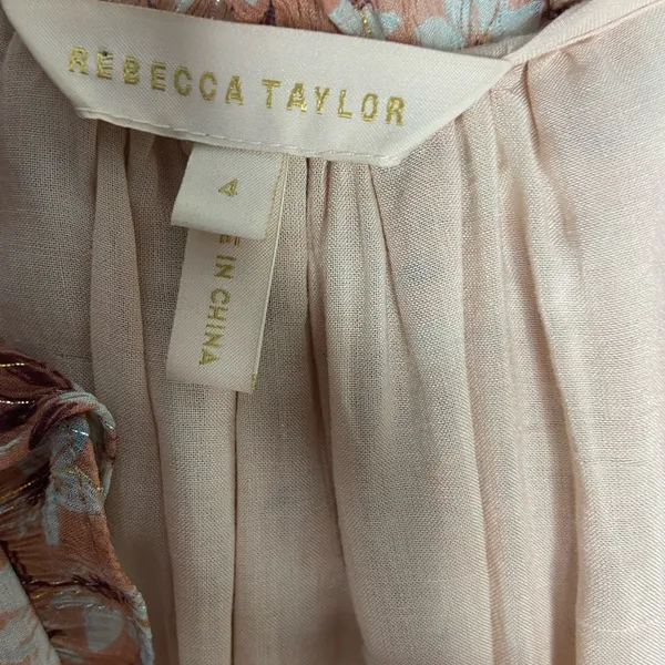 REBECCA TAYLOR Lucia Pink Floral Gold Metallic Dress Size 4 - Image 7