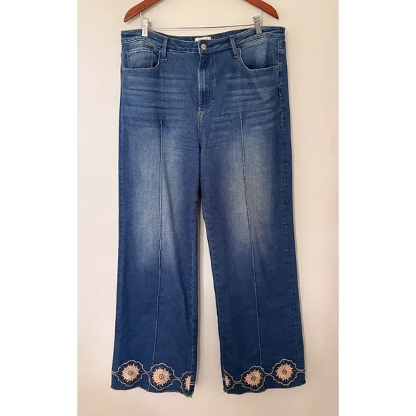 Driftwood Margo Floral Embroidered Wide Leg Seam Jeans Medium Wash Denim 34/29 - Image 2