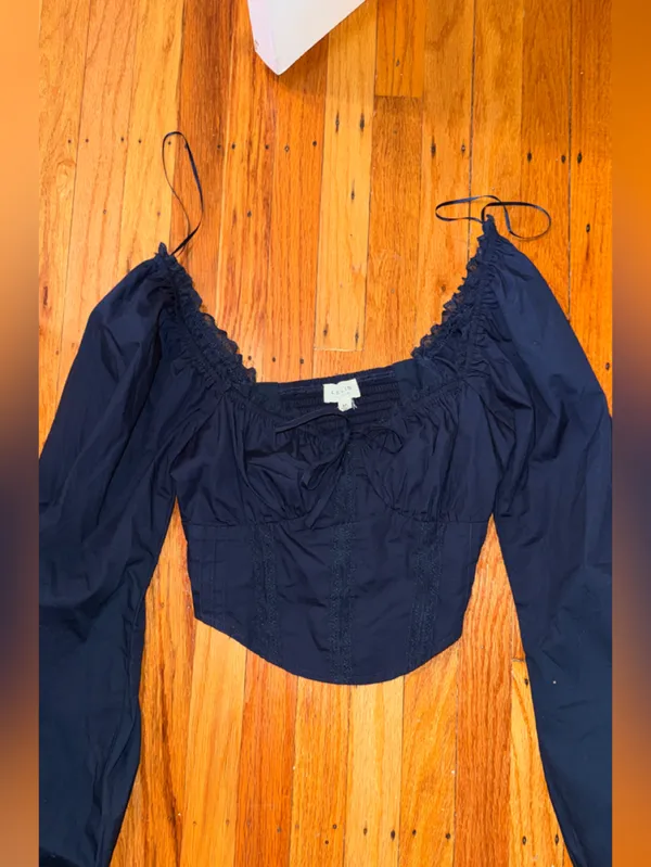 Le Lis navy Lace-Trim corset balloon sleeves - Image 2