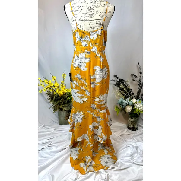 Lulu’s Darling Daylily Mustard Yellow Floral Print High-Low Maxi Dress M - Image 13