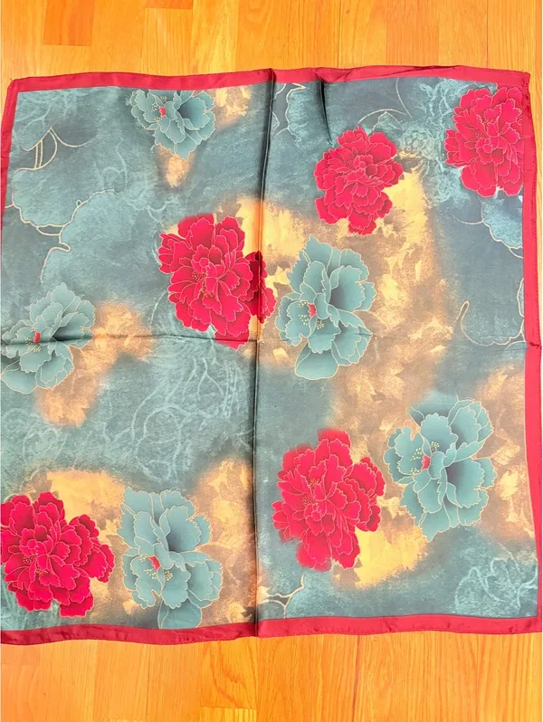 Elegant Square Satin Polyester Scarf with Vibrant Red and Teal Floral Pattern - Image 3