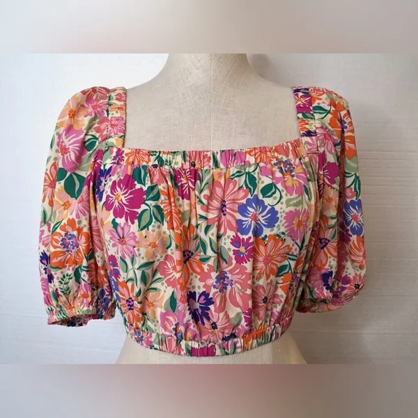 Anthropologie Abel the Label Floral Pink & Cream Puff sleeve crop size small - Image 2