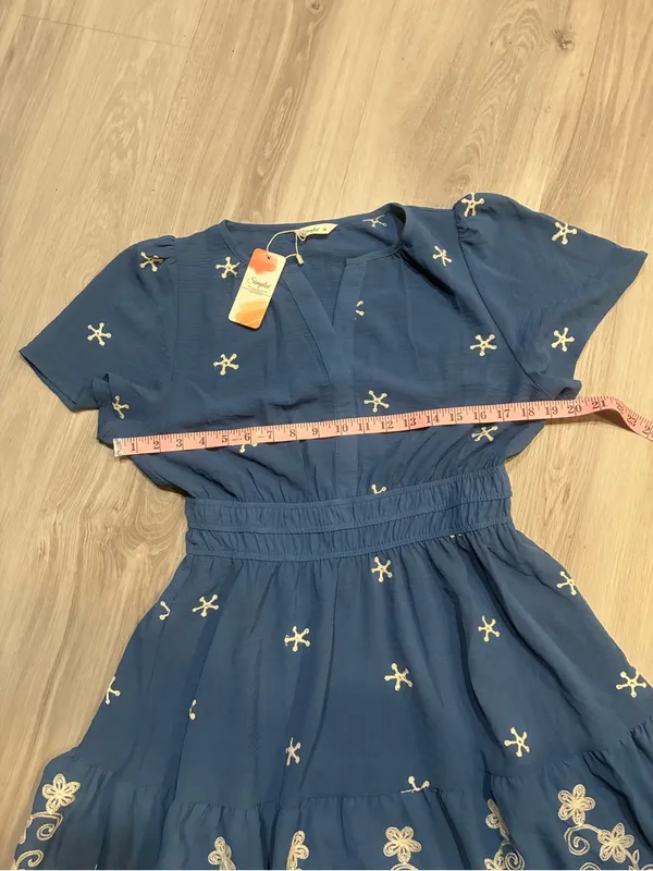 Simple Blue Short-Sleeve Embroidered Tiered Mini‎ Dress - Image 9
