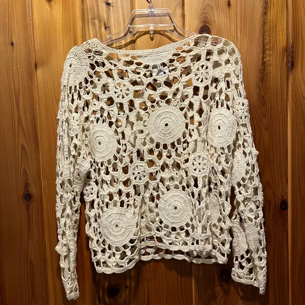 VTG Crochet Lace Top Boho Long Sleeve Shirt Ivory‎ Cream One Size - Image 2