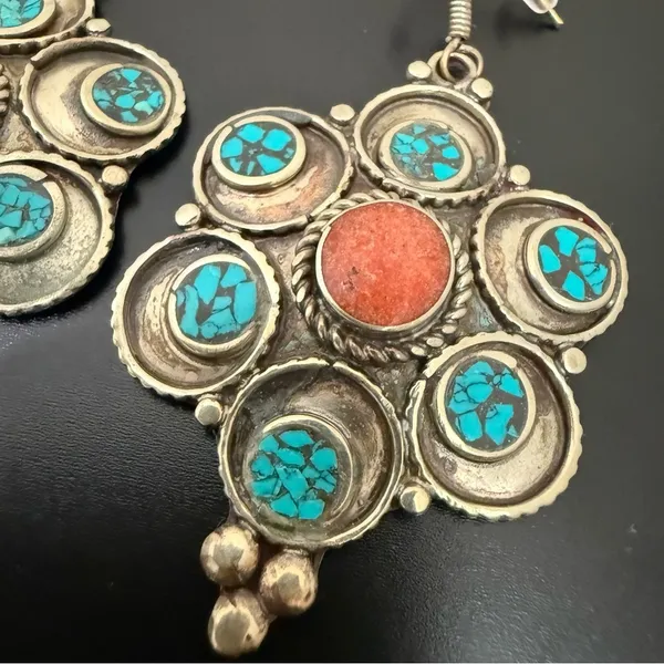 Vintage Silver-tone Turquoise & Coral Tibetan Style Flower Dangle Earrings 22g. - Image 11