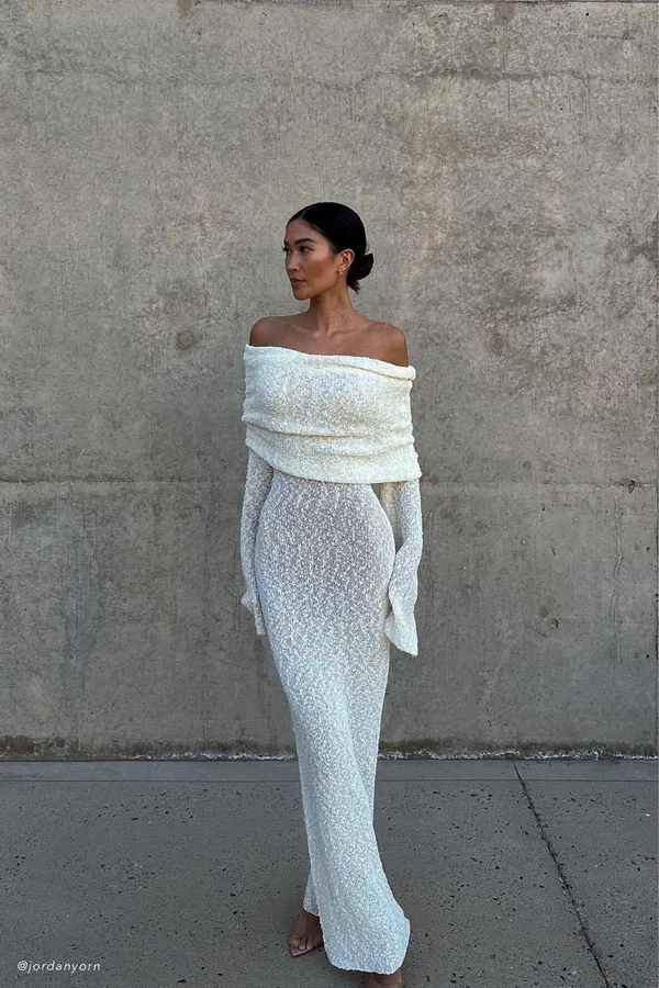 Meshki Off-The-Shoulder Dress Boucle Cream Maxi Dress - Image 3