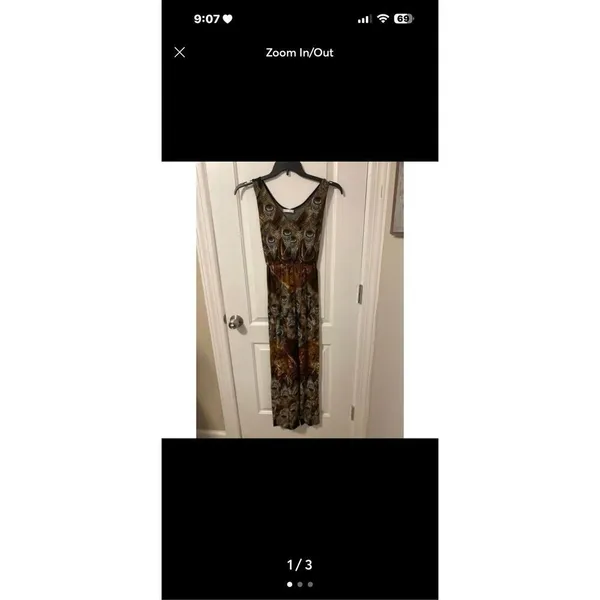 Julia Peacock Feather Maxi Dress Womens Medium Brown Mesh Inset Long Sundress NW - Image 5