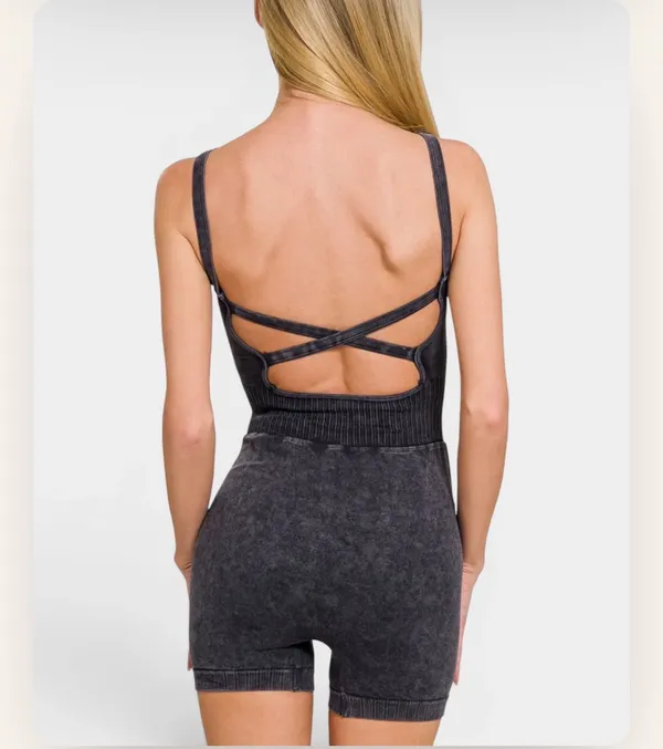 Zenana Outfitters Washed Black Cross Back Romper S/M - Image 2