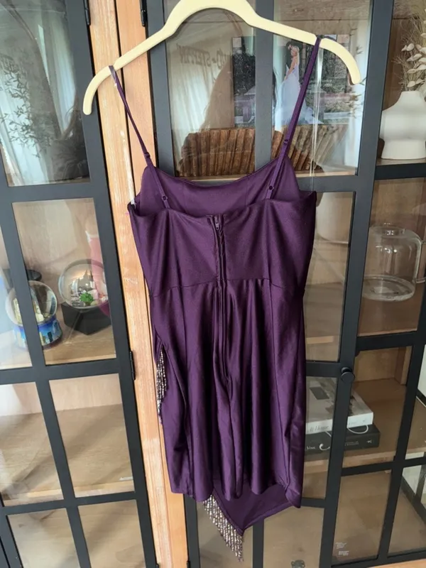 NWT Speechless beaded fringe corset mini dress asymmetrical cocktail plum satin - Image 8