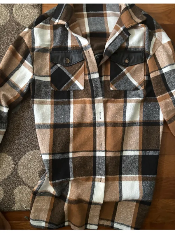 SHEIN Brown White Black Plaid Button-Down Shirt Jacket - Image 2