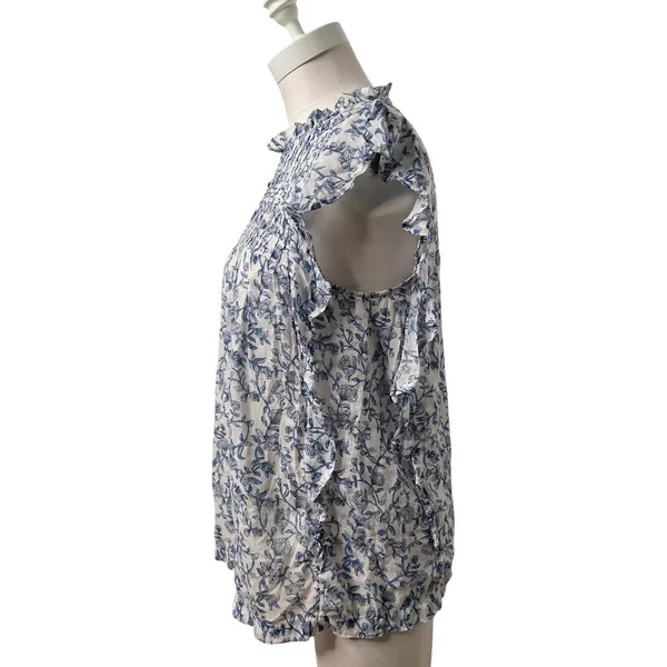 Beachlunchlounge‎ White Blue Floral Ruffle Neck Cotton Sleeveless Blouse Small - Image 7
