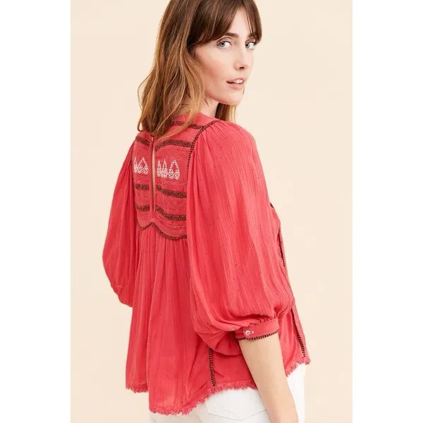 Free People Red Boho Embroidered Lace Peasant Top Women’s Size S/p - Image 2