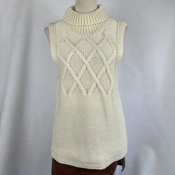 Cream Cable Knit Turtleneck Sleeveless Sweater Vest Women's Small Cozy‎ Casual - Image 2