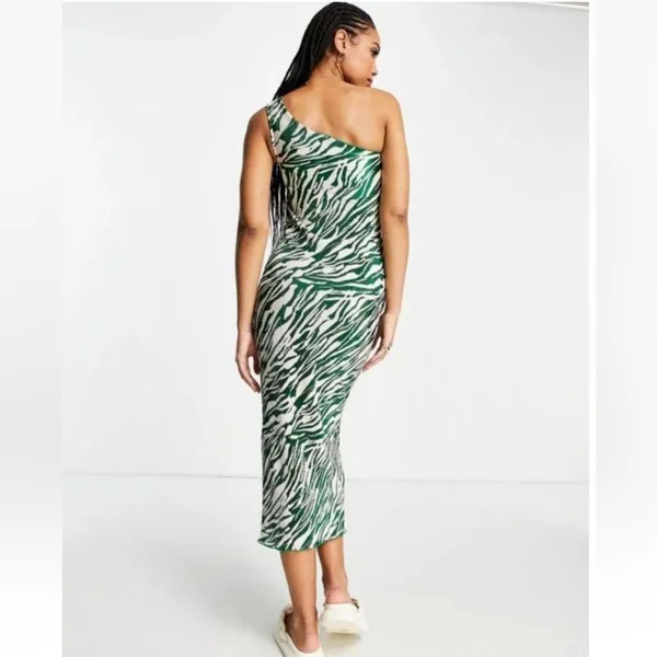ASOS Green Zebra Plisse One Shoulder Maxi Dress Size 12 Resortwear Vacation NWT - Image 2