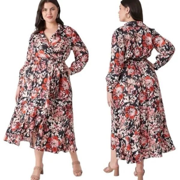 Lane Bryant Maxi Dress Faux Wrap Shawl Black Pink Floral Satin Women’s Size 18 - Image 14