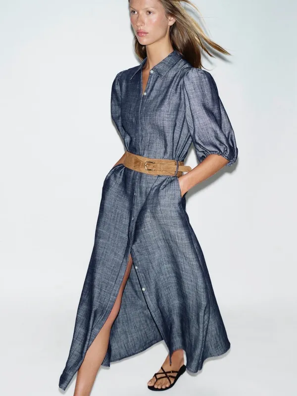 ZARA Blue Puff-Sleeve Maxi Shirt Dress with Belt - Image 2