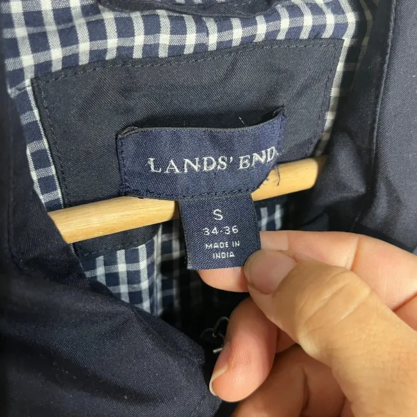 Lands' End Women's Navy Blue Long Zipper Button Gingham Lined‎ Trench Coat Small - Image 3