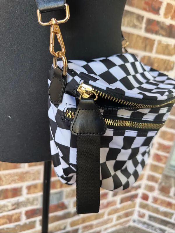 Black & White Checkered Sling Crossbody Bag – Adjustable Strap Gold Hardware - Image 4