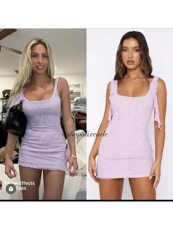 White Fox Don’t Tell Me Now Mini Dress Lilac XS Mesh Ruffle Bodycon - Image 2