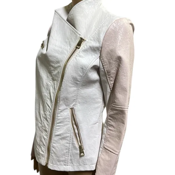 Guess Pink White Faux Leather Moto Jacket Gold Exposed Zipper Womens Small - Image 6