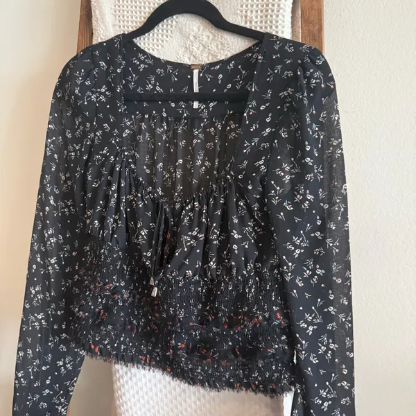 NWOT Free People Black, White, Red & Green Floral Print Bohemian Smocked Top - Image 2