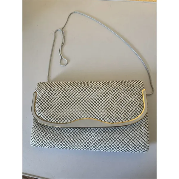Vintage White and Gold Mesh Crossbody Clutch Purse Detachable Strap - Image 5