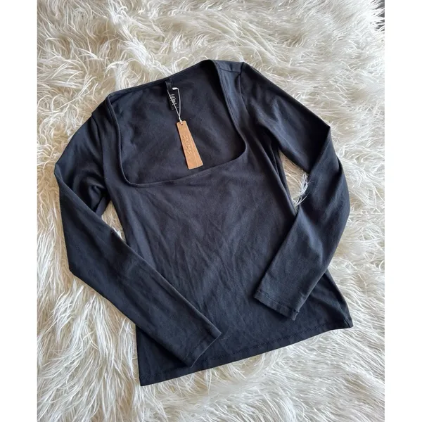 Skims Cotton Jersey Scoop Neck Long Sleeve Top Soot Size Medium - Image 4