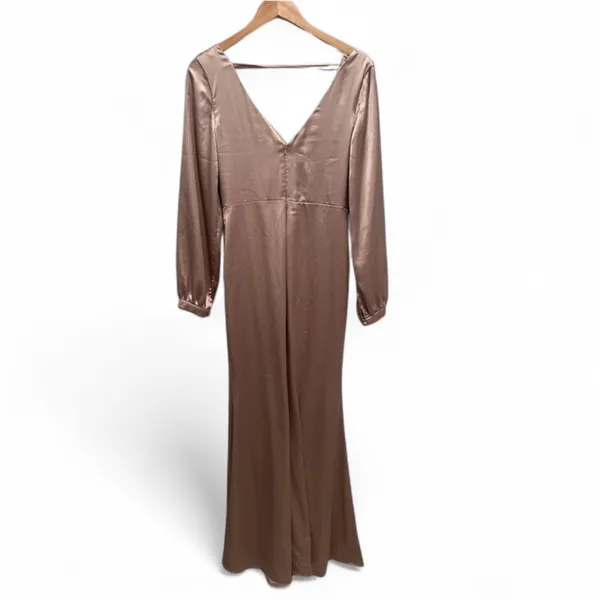 Revelry Vera Satin Bridesmaid Dress Long Sleeve Champagne Taupe Sz 8 Formal Gown - Image 3