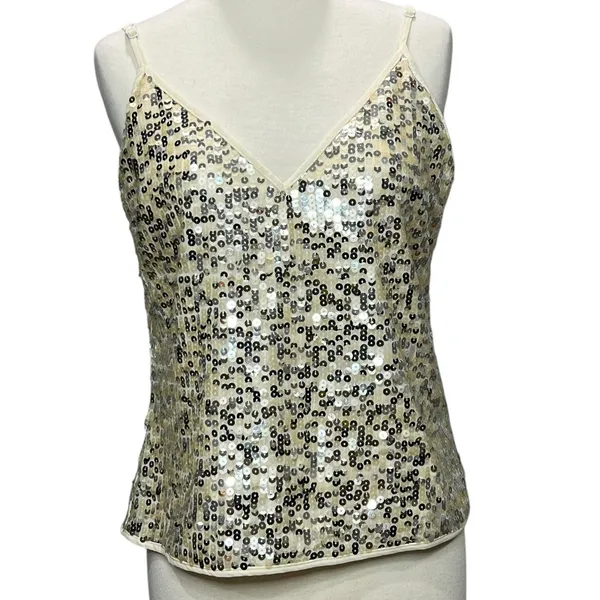 Goldie Twilight Camisole Top Womens M Silver Cream Sequin Sparkles‎ Shimmer Glam - Image 2