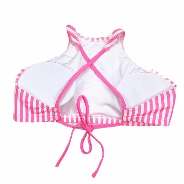 Coco‎ Rave Tropi Glow Pink Striped Flamingo Halter Bikini Top Size XL 38D - Image 3
