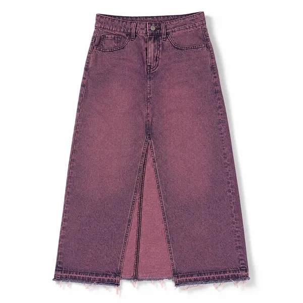 BDG Denim Maxi Skirt Mauve Berry Wash High Waist Front Slit Raw Hem XS - Image 3