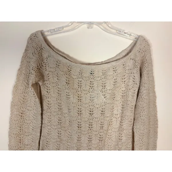 American Eagle Lace Knit Sweater Tan Long Sleeve Boat Neck‎ Women's M NWT - Image 9
