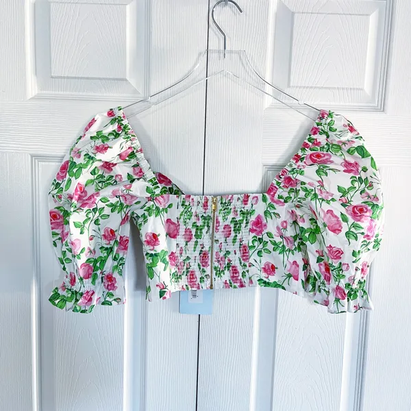 Hill House Home Isabella Top Pink Roses Puff Sleeve Smocked Crop - Image 7