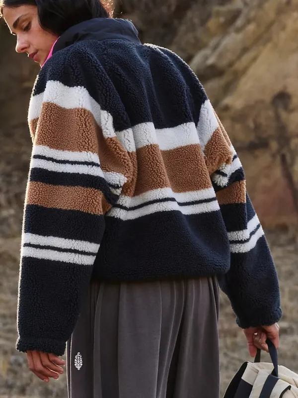 Free People Hit The Slopes Printed Fleece Jacket - Black Nutmeg Stripe - NWT - Image 2