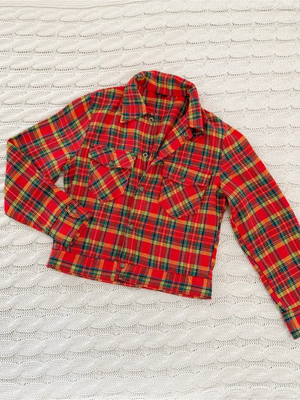 Vintage Rice Sportswear Red Plaid Cropped Jean Jacket - Image 2