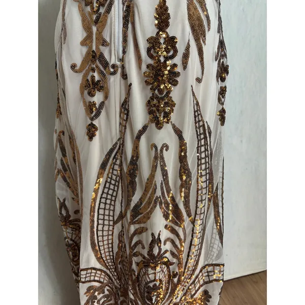 Windsor Sequin Maxi Dress Gold Bronze Damask Formal Prom Gown Art Deco Glam L - Image 9