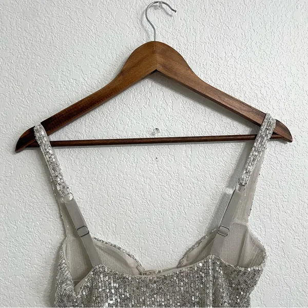 NWT Free People Womens Bodysuit Silver Sparks Fly Bodysuit Sequin Size Small - Image 5