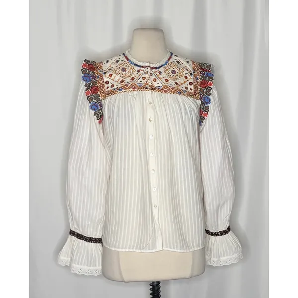 ANTIK BATIK Bernadette Embroidered Cotton Blouse White Boho Bohemian Small 38 - Image 2